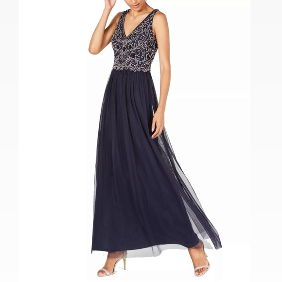 Adrianna Papell Dresses & Skirts - Adrianna Papell Navy Blue Sequin Bust Tulle Skirt Formal Gown Maxi Dress Size 6